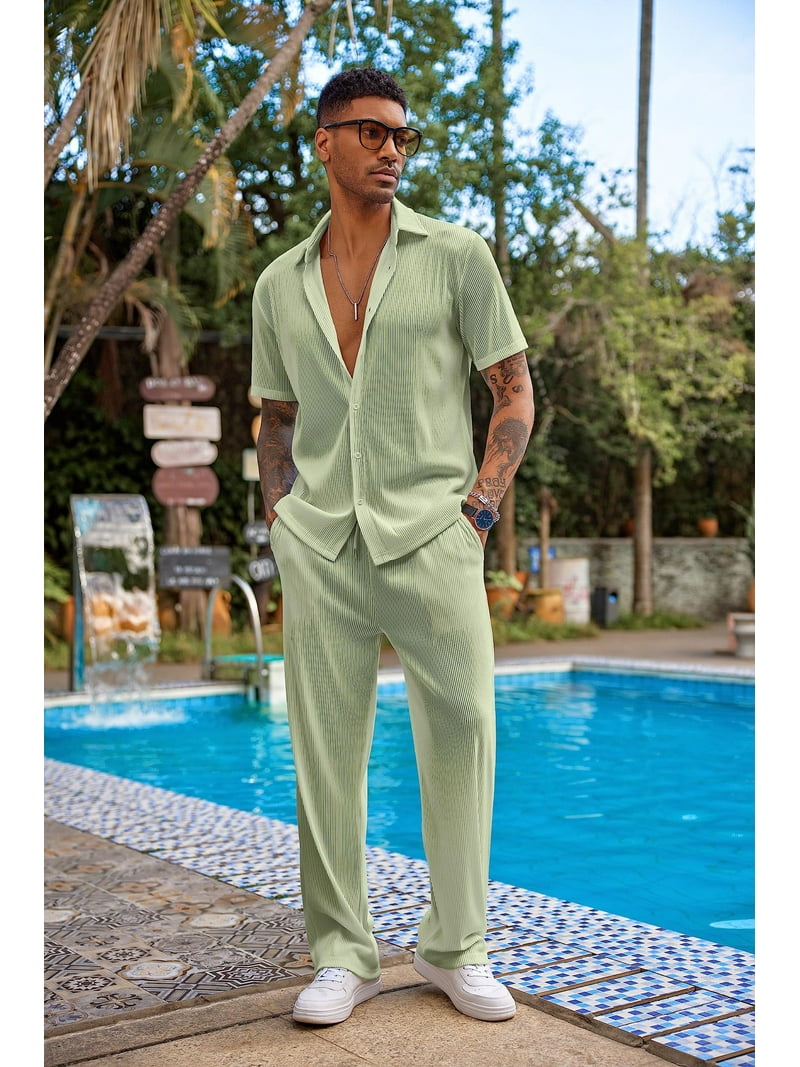 COOFANDY Men's 2 Piece Outfit Casual Short Sleeve Button Down