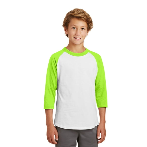 Camiseta Sport-Tek YT200 Raglan bloques de color Blanco/Lima Shock XL