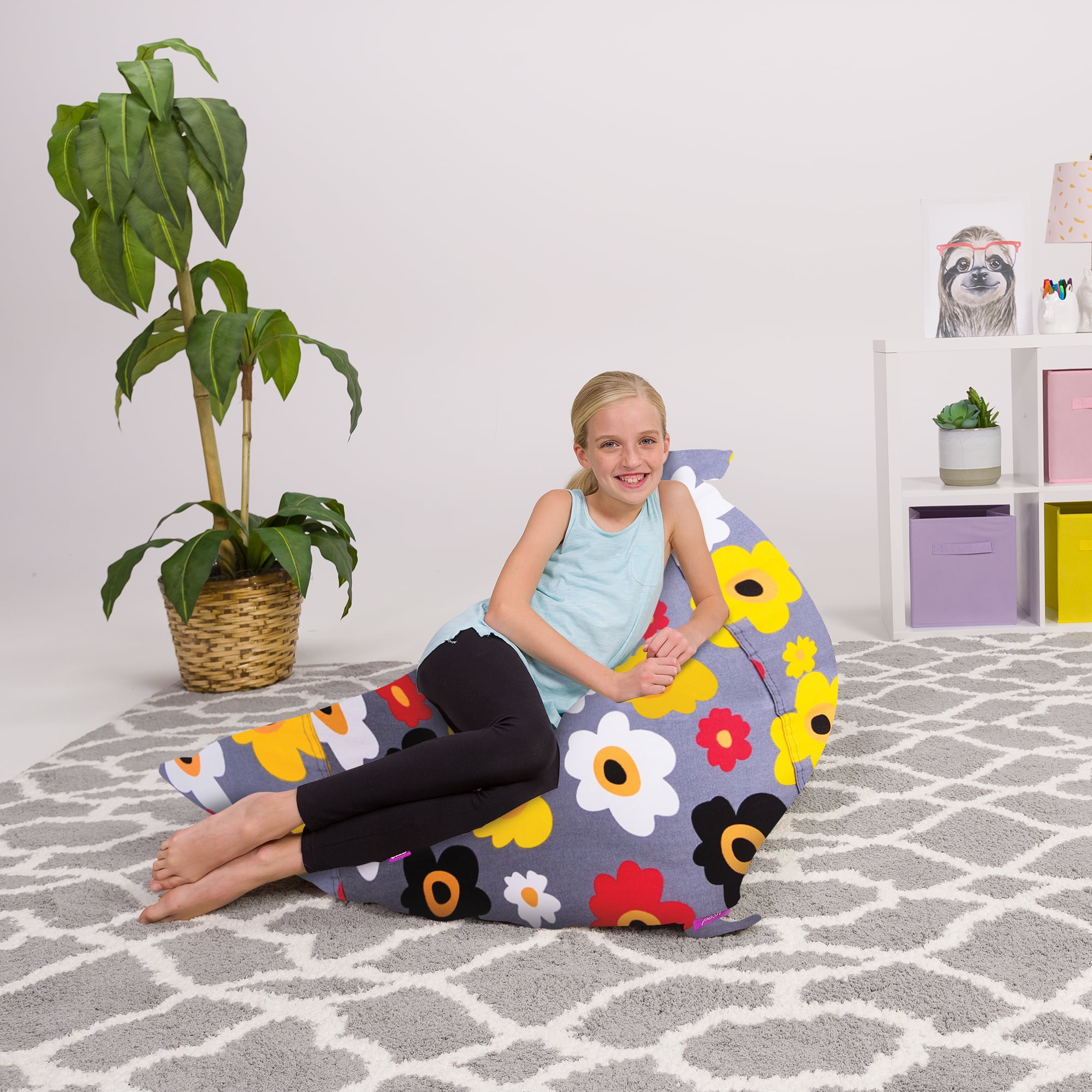 Posh Creations Bean Bag Stuffable Cover - Toy Organizer, Canvas Cover, Kids, 4 ft, Multicolored Flowers on Gray