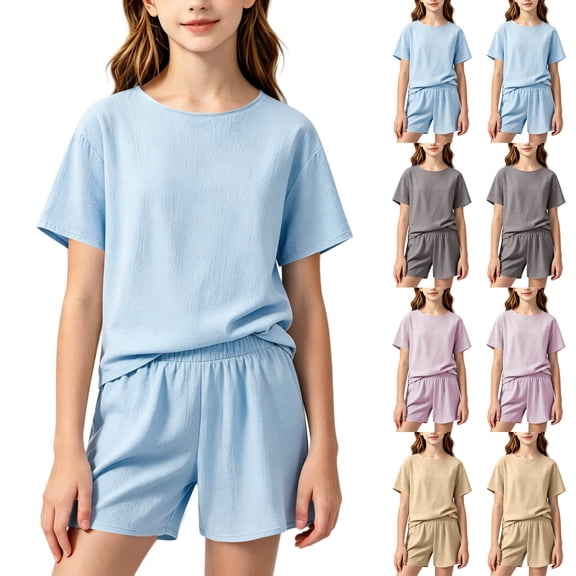 Eltusu Girls Outfit Sets Two Pieces, Elastic Waist Short Sleeve Crewneck Cotton Summer Clothes Sets Blue Size 14-16 T