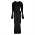 thumbnail image 4 of JUNWELL Robe Chandail Maxi pour Femmes, Décontractée, Col Rond, Manches Longues, Côtelée, Tricotée, Taille à Nouer, Couleur Unie, Simple, Basique, Robe Chandail Longue, Noir G, 4 of 7