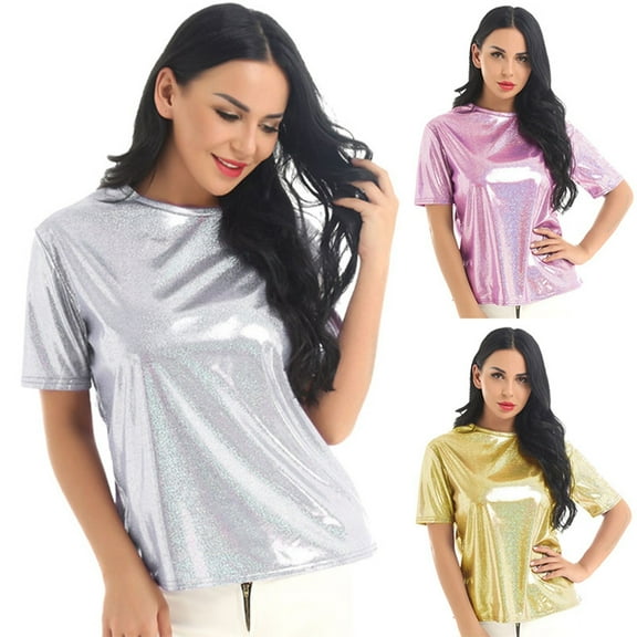 Womens Oversized Tee Shirts Shiny Glossy Solid Color Turtleneck Short Sleeve Tee Shirt Breathbale Plus Size Shirts Gold L