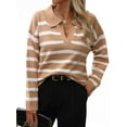 thumbnail image 3 of Women'S Striped Sweater Trendy V Neck Long Sleeve Knit Pullover Loose Jumper Tops Knitwear Khaki XL, 3 of 9