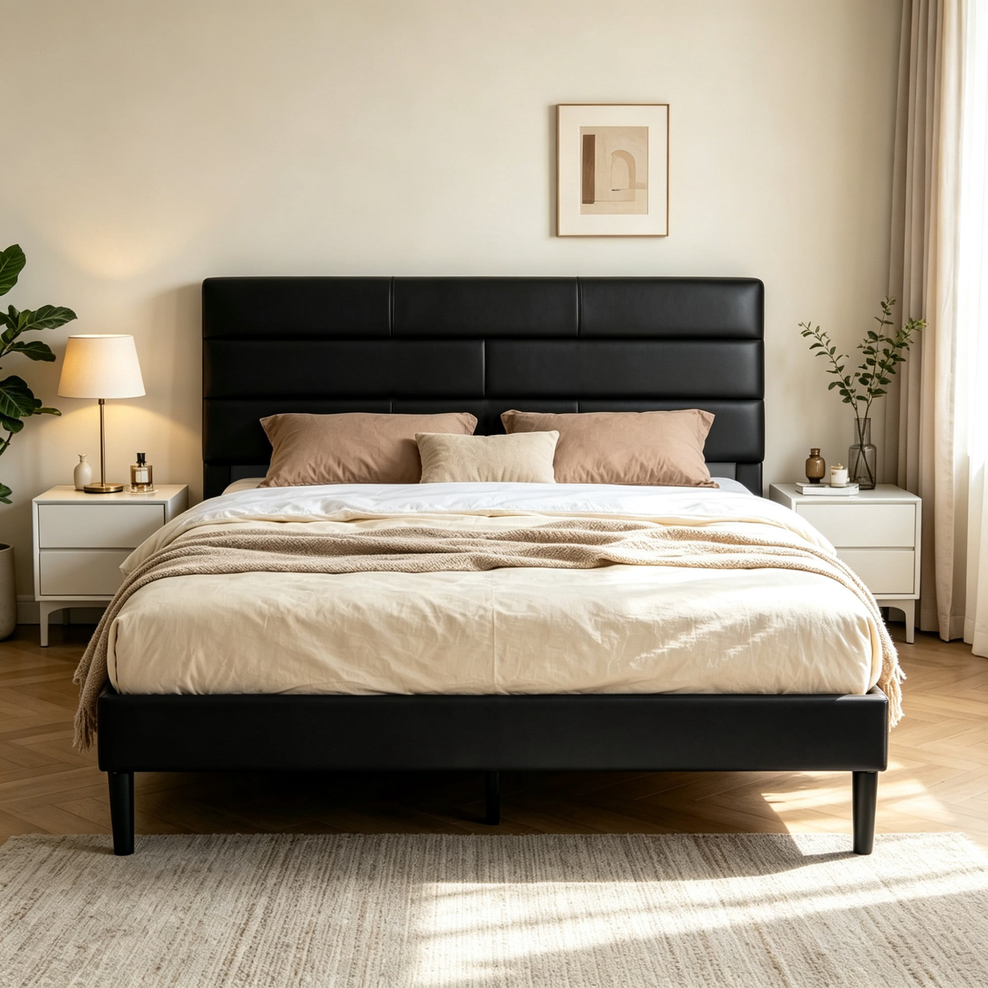 BSHTI Full Size PU Leather Platform Bed Frame with Upholstered Headboard, Wood Slats Support, No Box Spring Needed for Bedroom(Black)