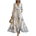 thumbnail image 2 of HBYJLZYG Women's Floral Maxi Dress, V-Neck Pleated Waist Long Sleeve with Tie Belt, Elegant Flowy A-Line Formal Party Vacation Wear for Women, 2 of 5