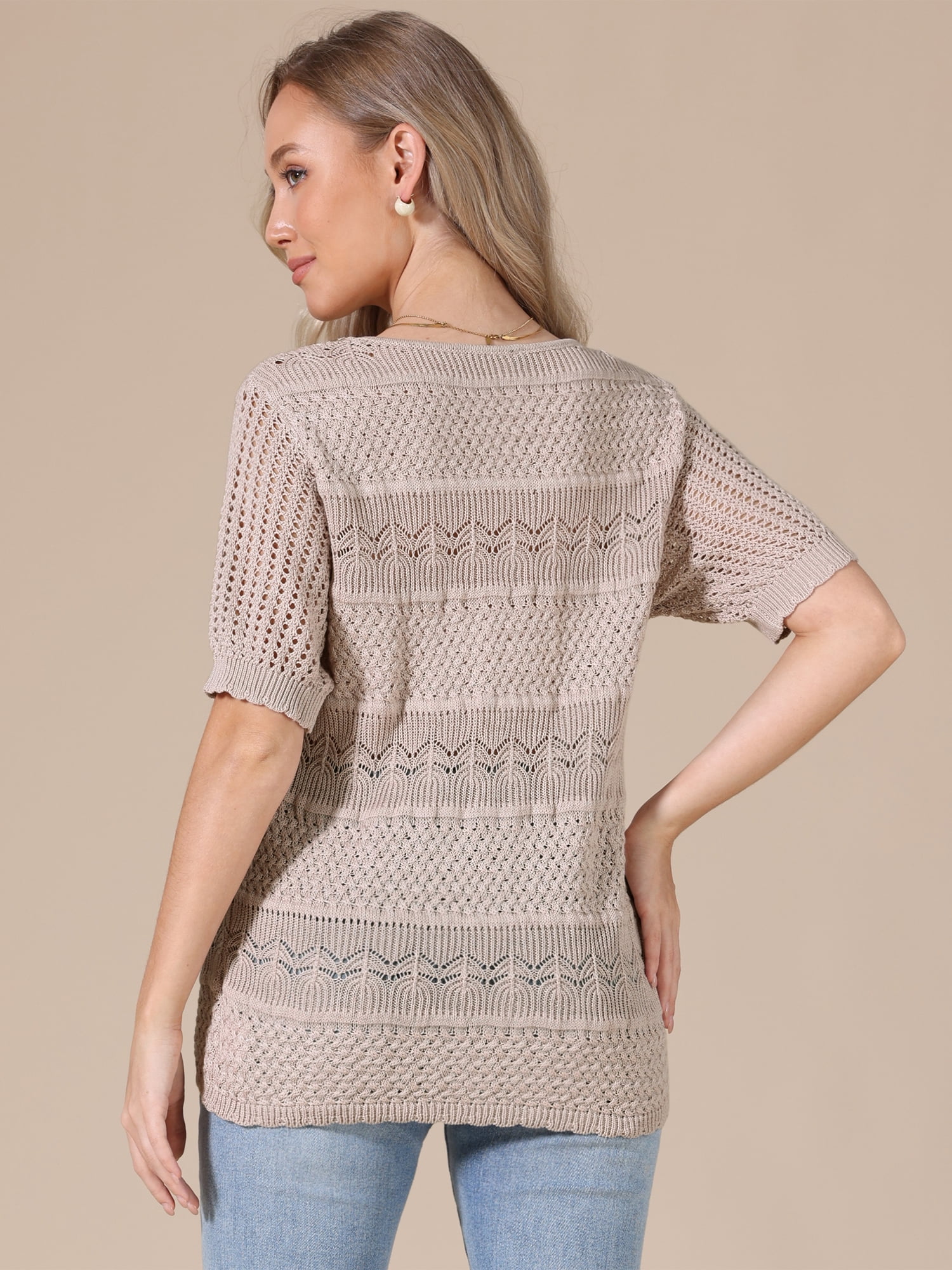 DARING DIVA Women's Crochet Tops Lightweight Short Sleeve Pullover Knit Blouses S Khaki