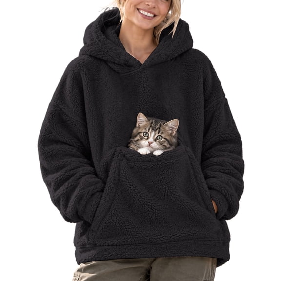 Cat Hoodie with Pouch Cat Holder Hoodie Cuddle Pouch Hoodie Animal Lover Sweatshirt Cat Carrier Hoodie Fleece Snack Hoodie Oversized Casual Long Sleeve Pet Pouch Hoodie Going Out,Black,L