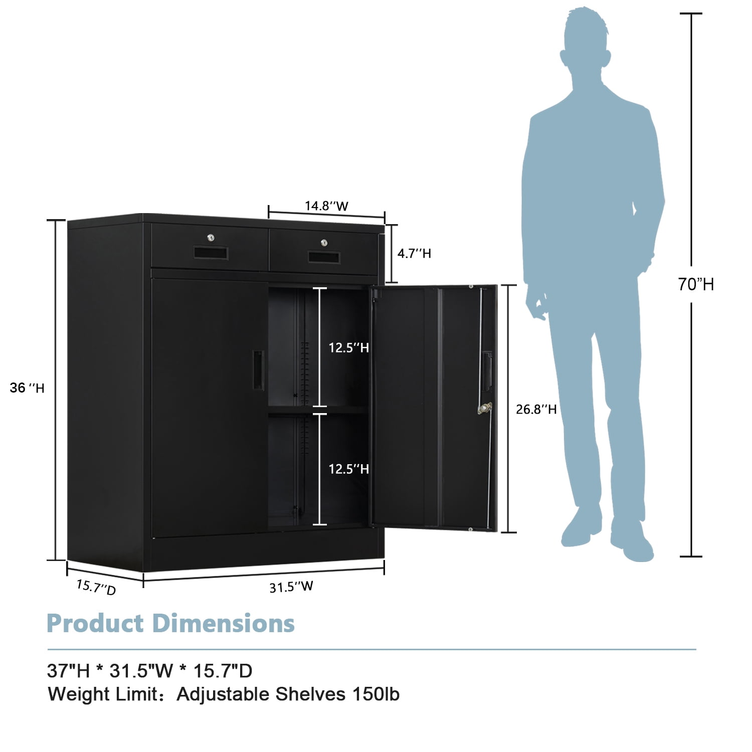 Metal Storage Cabinet with 2 drawers. Lockable Steel Storage Cabinet with Doors and Shelve, 37”H Office Cabinet for Home, Garage, Warehouse with large storage space. (Black)
