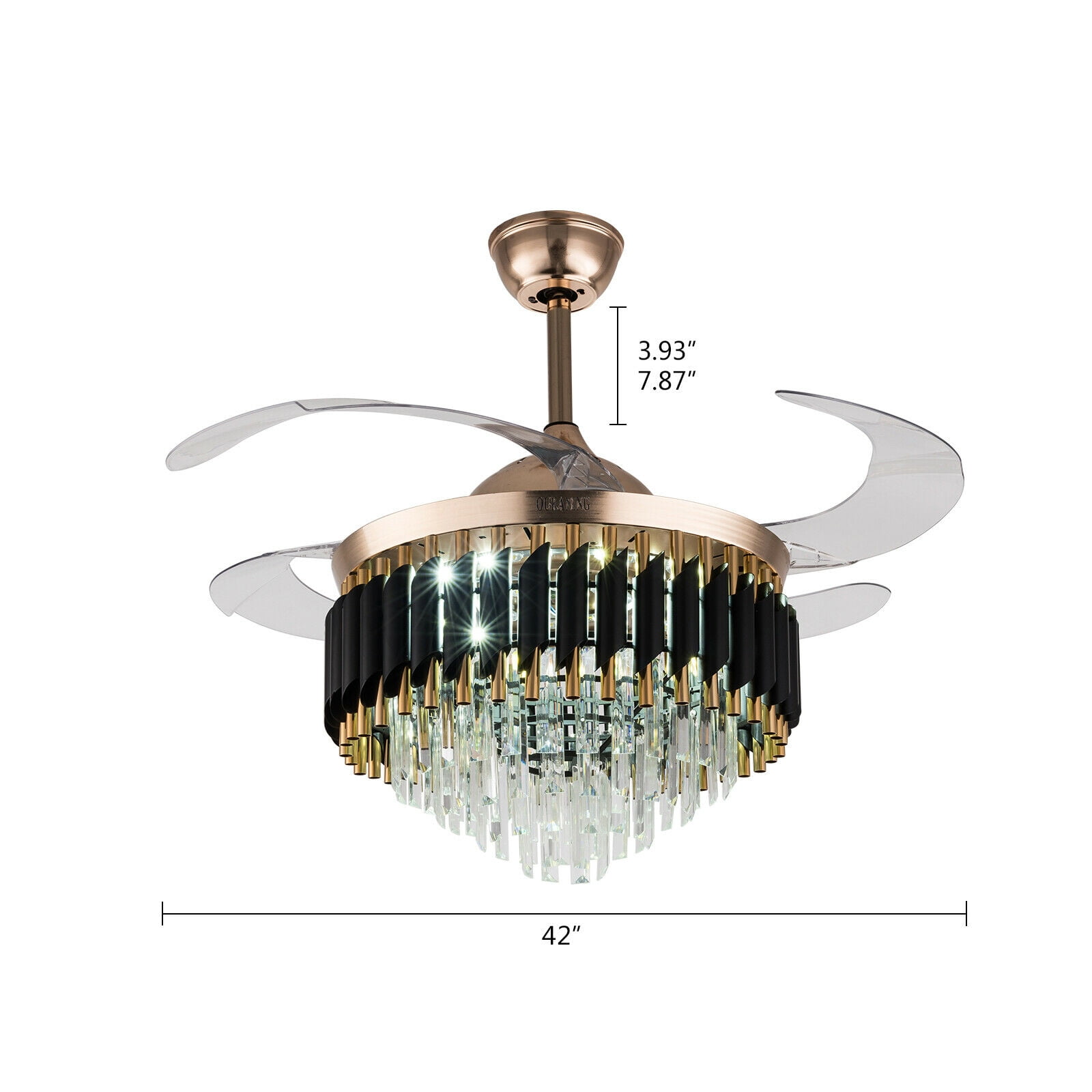 42 inch Modern Crystal Ceiling Fan with Light and Remote, Luxury 4-Blades Indoor Retractable LED Chandelier Ceiling Light Fixture for Living Room Bedroom Black and Gold