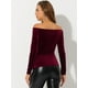 thumbnail image 3 of Allegra K Top de terciopelo de manga larga ajustado con hombros descubiertos para mujer borgo?a XL, 3 of 4