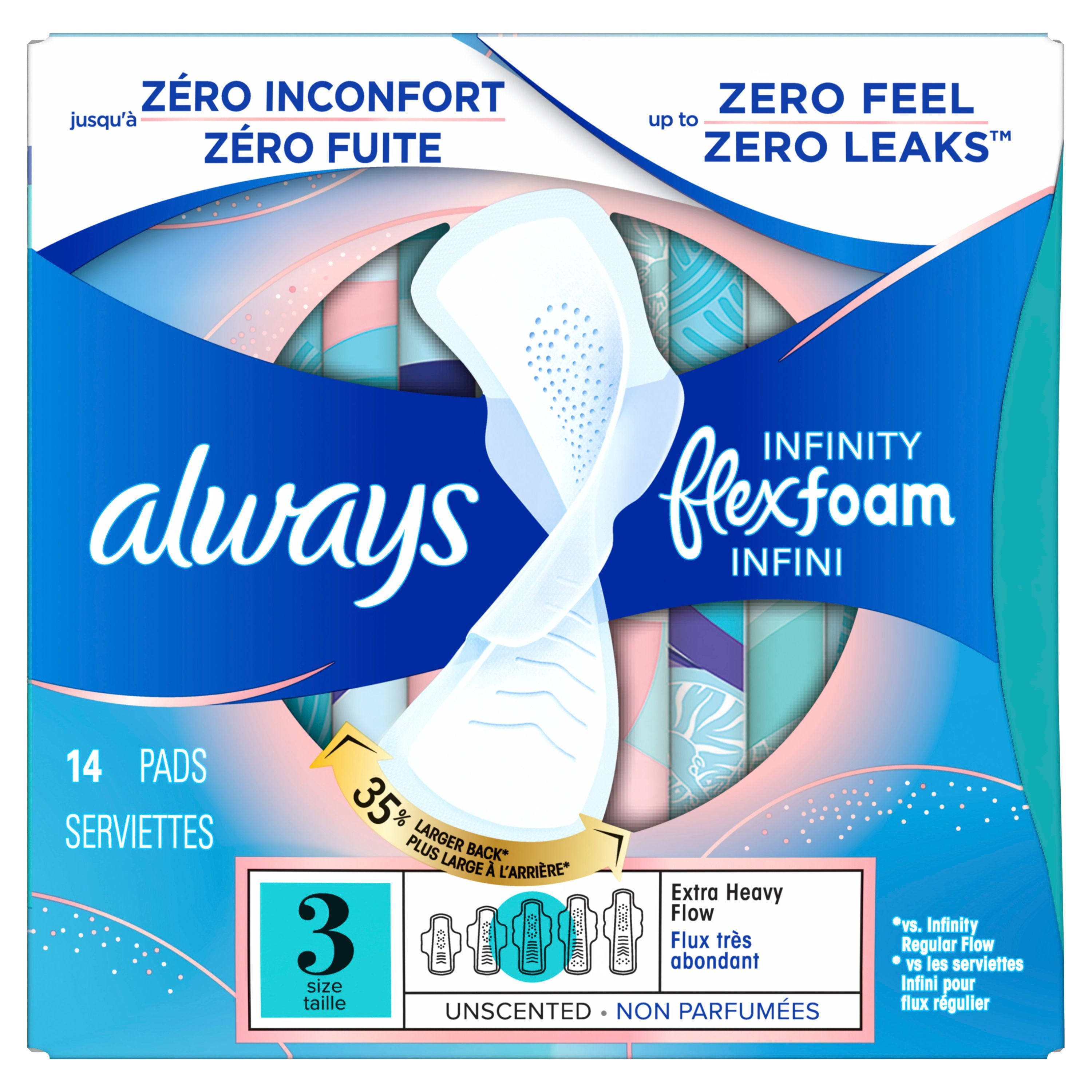 Always Infinity Feminine Pads for Women, Flexfoam Pads with Wings, Size 3, Extra Heavy Absorbency, Unscented
