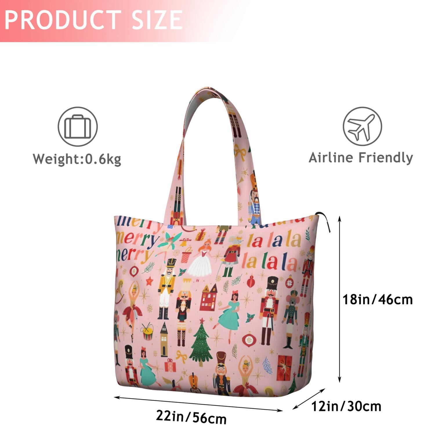 Pink Christmas Nutcracker Pattern Travel Tote Bags for Women Carry On,Large Weekender Bags for Women Travel,Multi Functional Duffle Bag for Work,Shopping,Sports