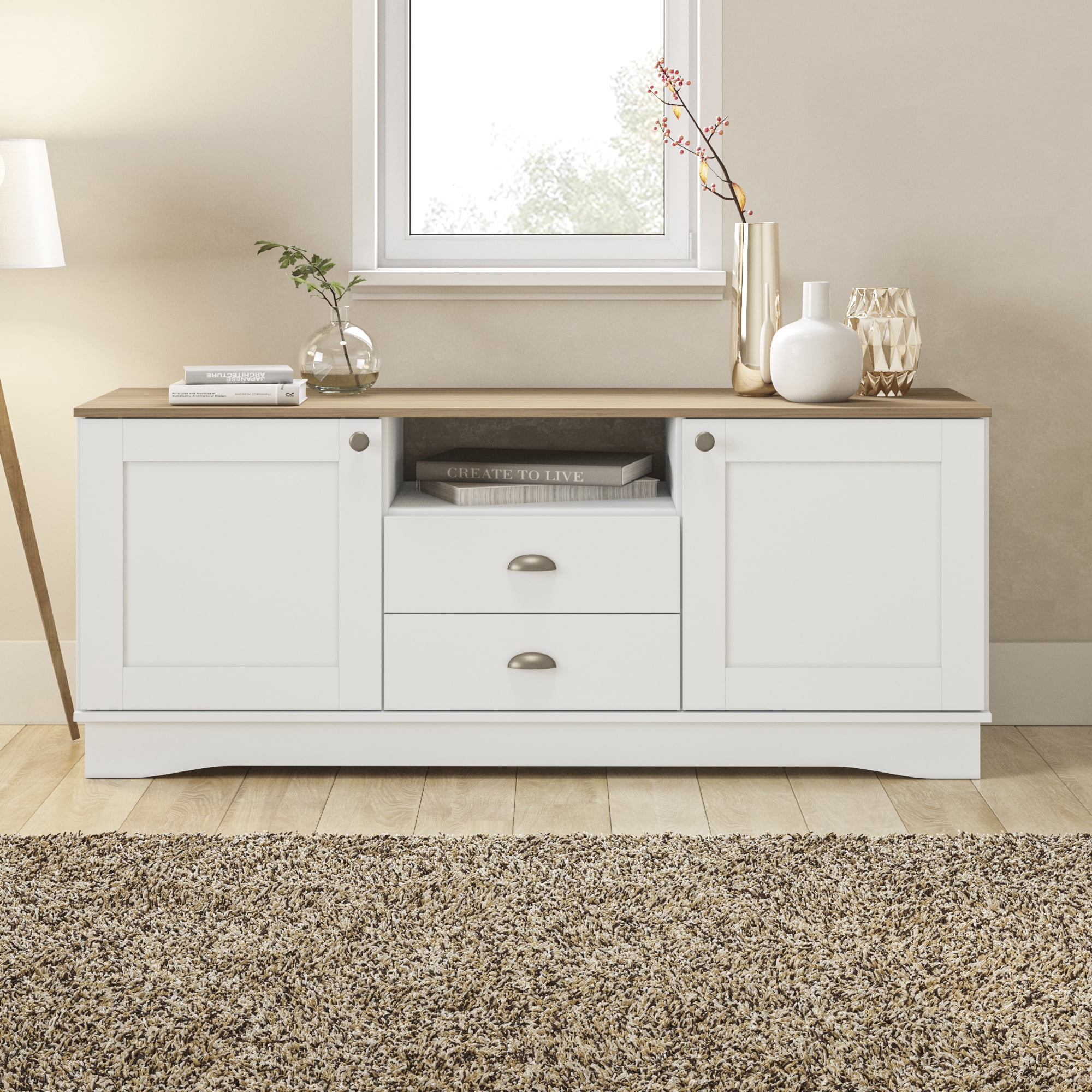 Kappesberg Fairfield Mid-Century Modern 59.4"W TV Stand with Drawers, Doors & Cable Niche – White/Light Oak