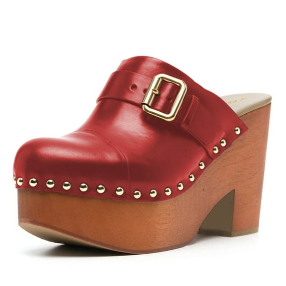 YDN Women Daily Rivet Studded Closed Toe Mules Platform Chunky Heels Buckled Strap Slip On Sandals Shoes Size 7 Red