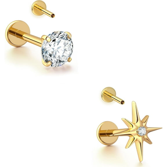 16G Gold Stud Earrings Flat Back - G23 Titanium Internal Thread Clear CZ Cartilage Earrings for Women