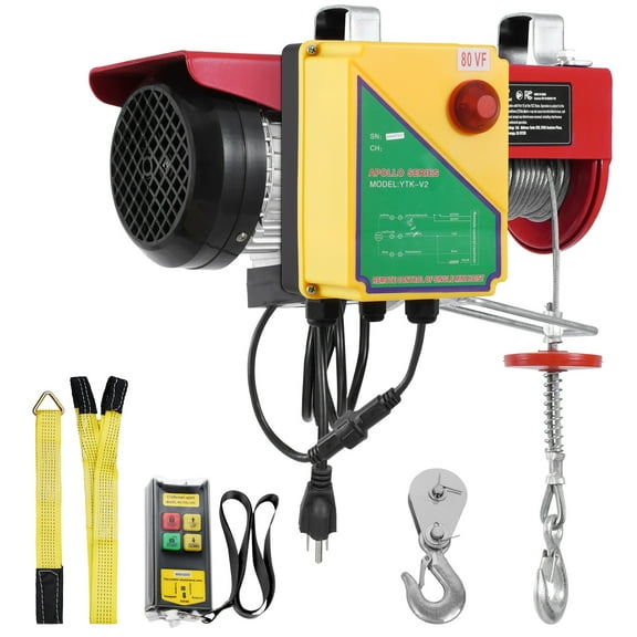 KFFKFF Electric Hoist, 1760 lbs Capacity, 120V Winch with 328 ft Wireless Remote, 40 ft Single Cable Lift Height, Single/Double Slings, Emergency Stop for Garage, Warehouse, and Factory Use