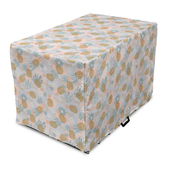 Fruits Dog Crate Cover, Tropical Pineapple Palm Monstera Aloha Summer Pastel Colored Art Print, Easy to Use Pet Kennel Cover Small Dogs Puppies Kittens, 7 Sizes, Camel Rose and Blue Grey, by Ambesonne