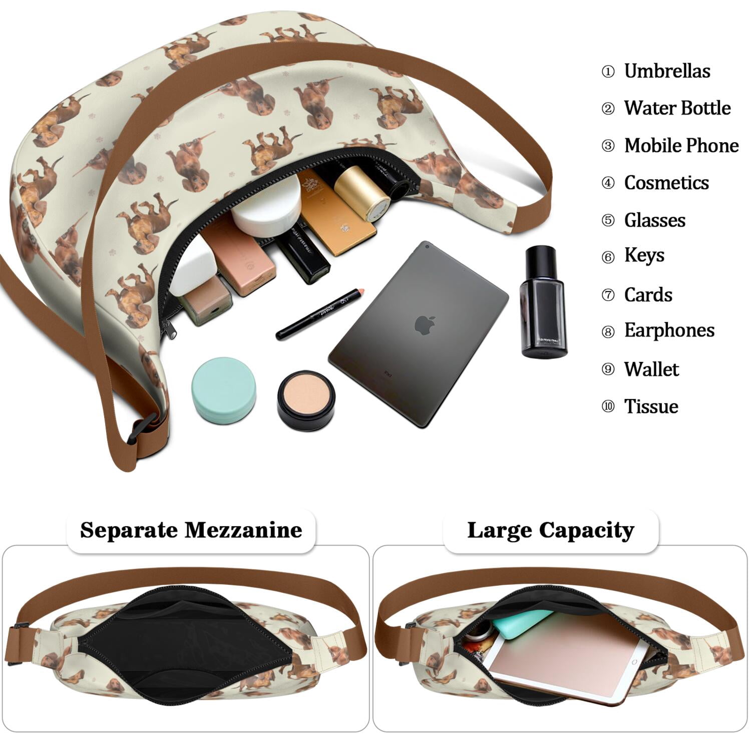 Crossbody Handbag for Women – Large Capacity with Organization, Water-Resistant Nylon, Dog, Funny, Watercolor, Dog and nature artwork Style Lightweight Bag