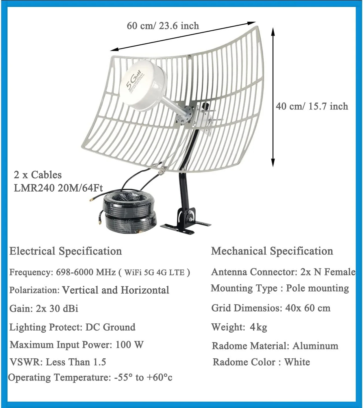 Outdoor Directional WiFi Antennas Kit, Retail Packaging with 30dBi,20meter LMR240 Reception Range