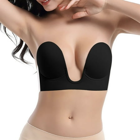 SOOMLON Bras for Women Plus Size Strapless Sticky Adhesive Deep U Shaped Silicone Bra Invisible Backless Reusable Floral Bras Plus Size Bra Black B