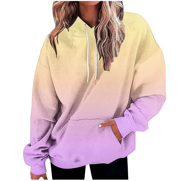 Women's Fall Winter Gradient Print Hooded Sweatshirt Long Sleeve Casual Top with Pocket for Outdoor Indoor Party Occasion Blouse Tunic