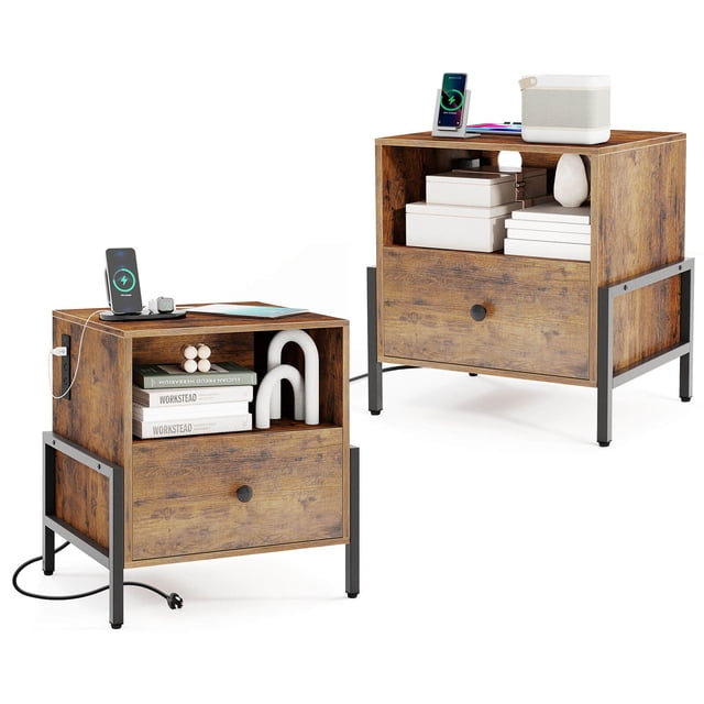 Costway Ensemble de 2 Tables de Nuit avec Station de Recharge Table de Chevet avec Tablette de Rangement Table d'Appoint