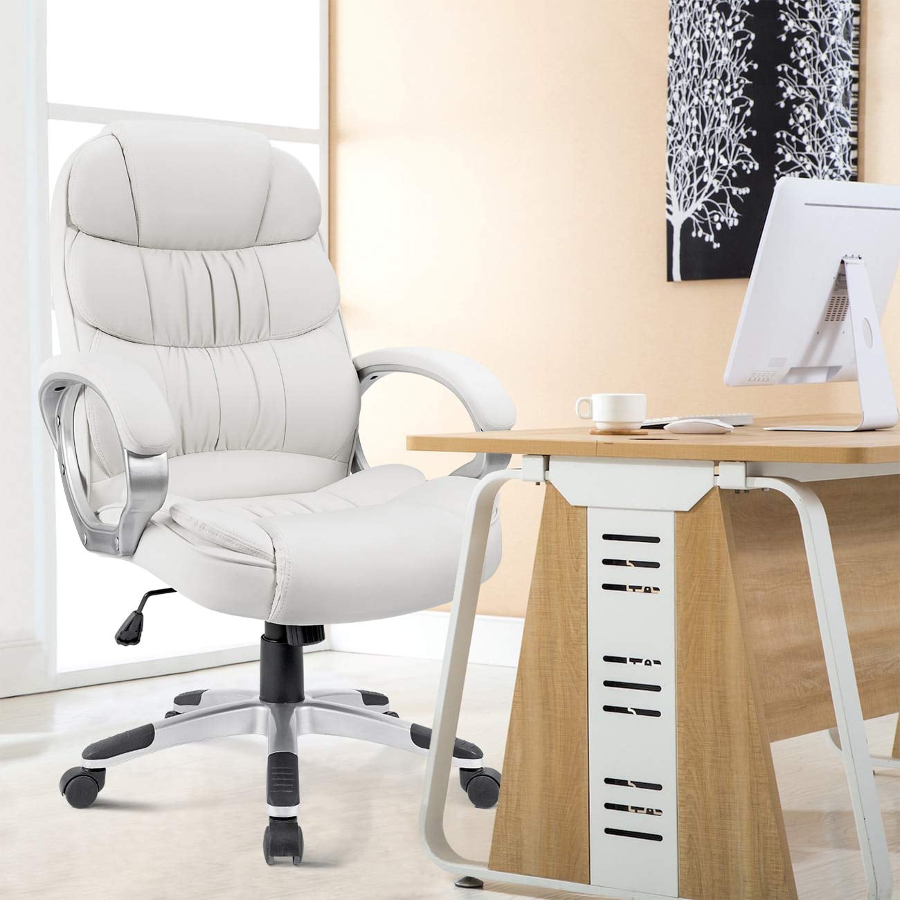Lacoo Faux Leather High-Back Executive Office Desk Chair with Armrests, White