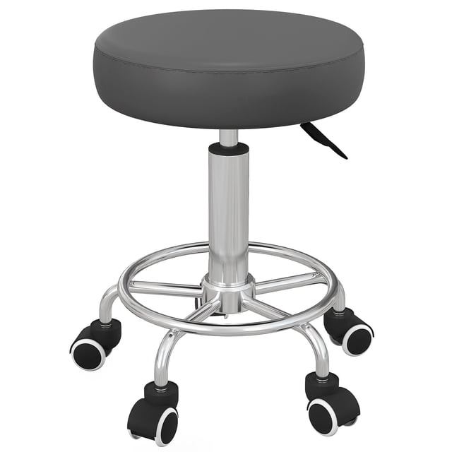 Tabouret de Salon Gris Réglable - Chaise Roulante en Cuir PU pour Barbier, Beauté, Tatouage & Massage - 16,5 Pouces x 16,5 Pouces - Pivotant & Roues