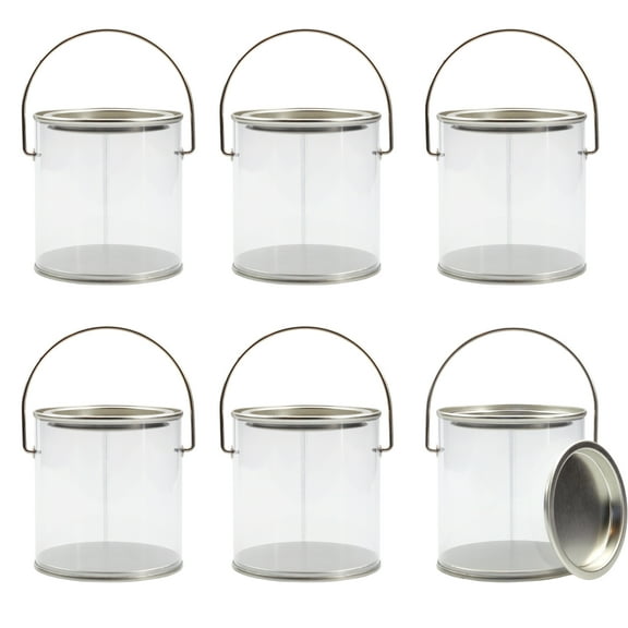 Cornucopia Brands Mini Clear Plastic Paint Cans (6-Pack), Little 3in Tall 1 Cup Miniature Arts, Crafts and Party Favor Cans; NOT for Liquids OR Heavy Objects