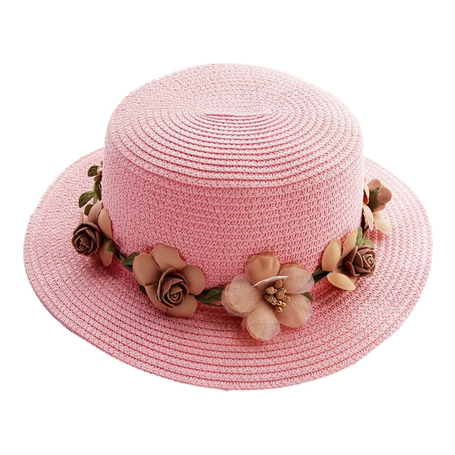Sombrero de verano para niños con circunferencia de 52-54 cm, sombrero de paja plegable con protección solar y parte superior plana para playa y exteriores, color rosa