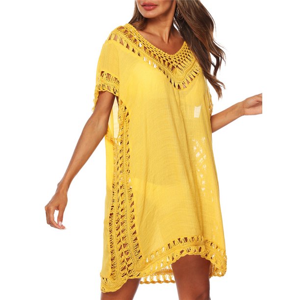 Eyicmarn Women Perspective Crochet Swimsuit Cover Up Beach Dress Kaftan Bikini Swimwear Cover