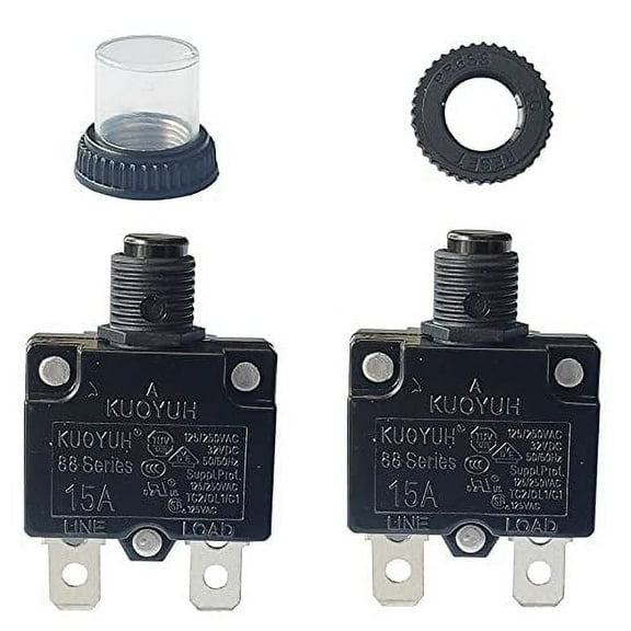 KUOYUH Circuit Breaker Thermal Overload 88 Series 15A Quick Connect Terminals 32VDC 125/250VAC 50/60Hz Push-to-Reset with Waterproof Transparent Dust Cover 2-Pack (15A)