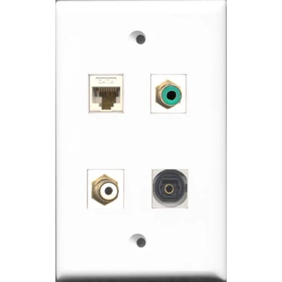 RiteAV 1 Port RCA White and 1 Port RCA Green and 1 Port Toslink and 1 Port Cat6 Ethernet White Wall Plate