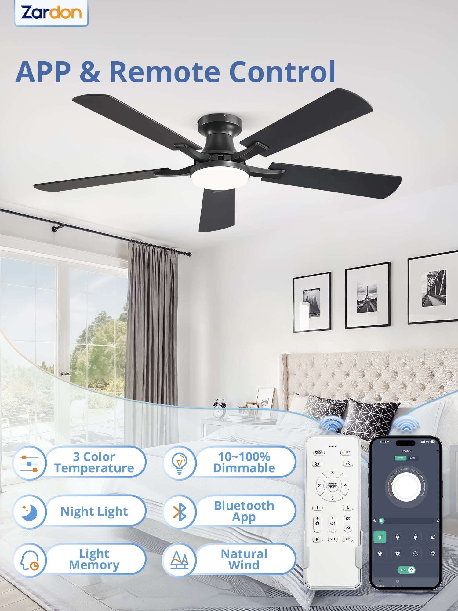 Zardon 52 inch Black Ceiling Fan with Light, Flush Mount Low Profile, App & Remote Control, Dimmable 6-Speed, Quiet Reversible DC Motor for Bedroom, Living Room