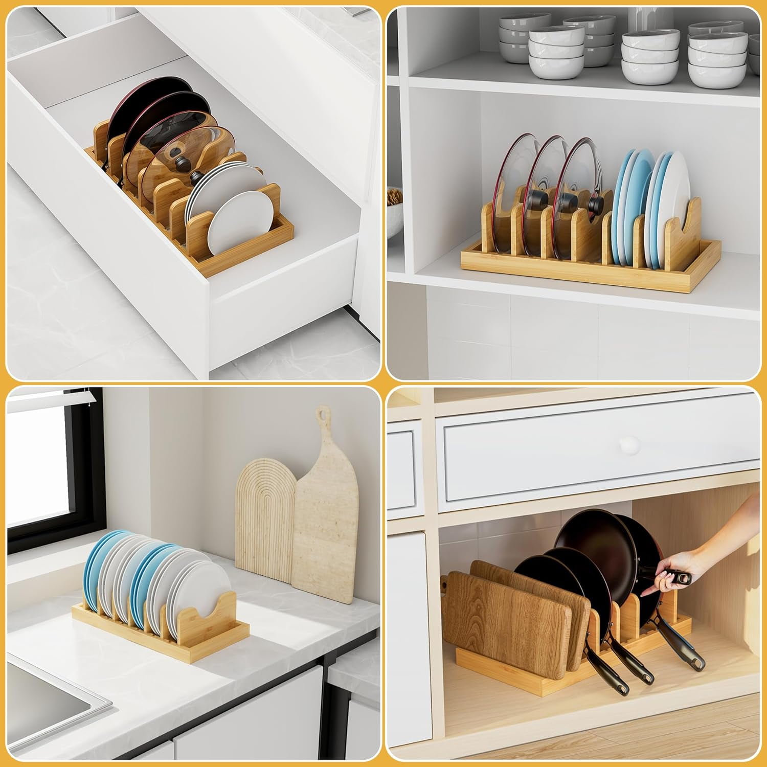 Mobilevision Bamboo Pot Lid Holder Organizer for Storage in Cabinets or Kitchen Countertops and Cupboards
