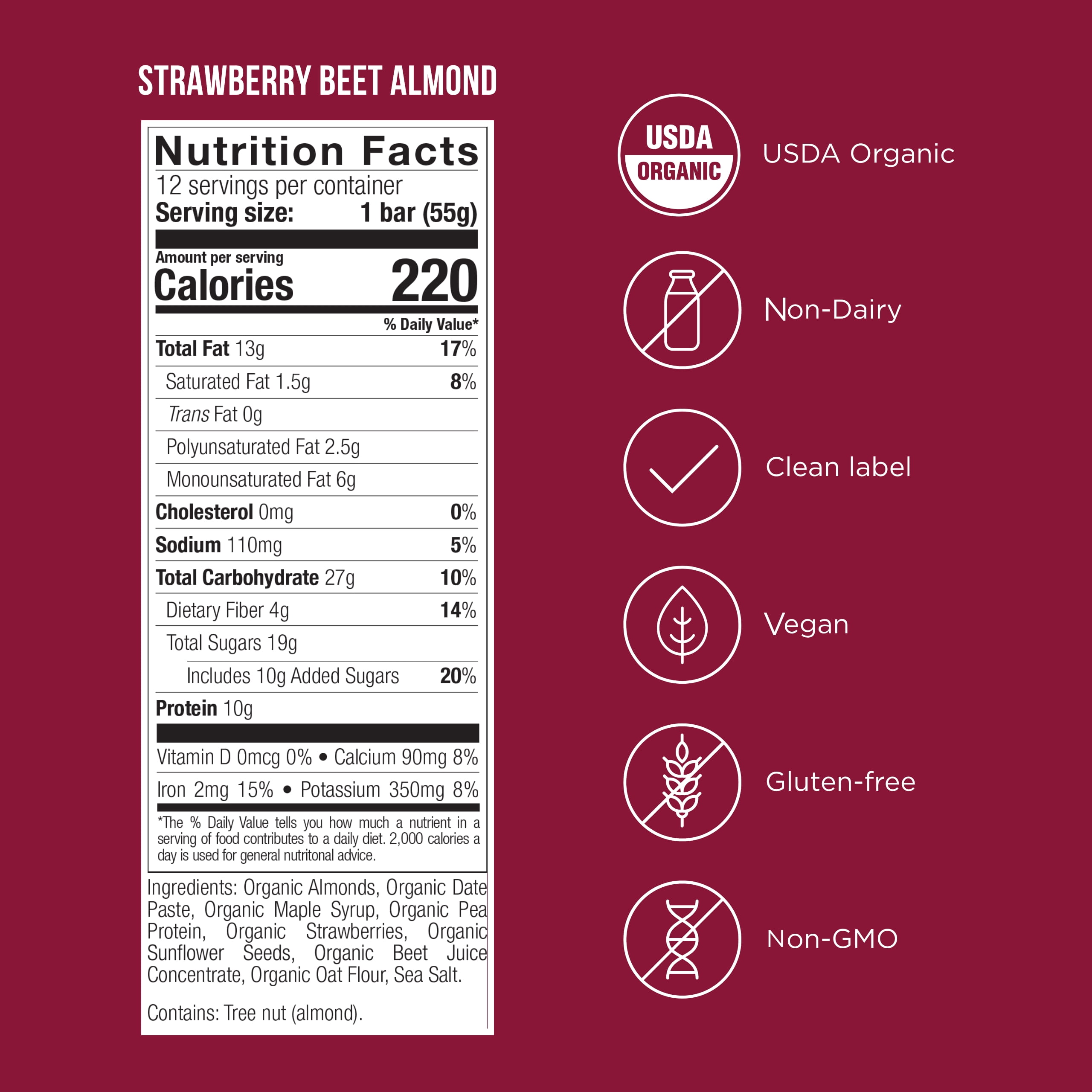 Possible Snack Bar - Organic Energy Bars with 10g of Plant-Based Protein - Vegan, Gluten-Free, Non-Dairy, USDA Organic - Healthy Fats - Clean Label - 1 Box, 12 Servings - Strawberry Beet Almond