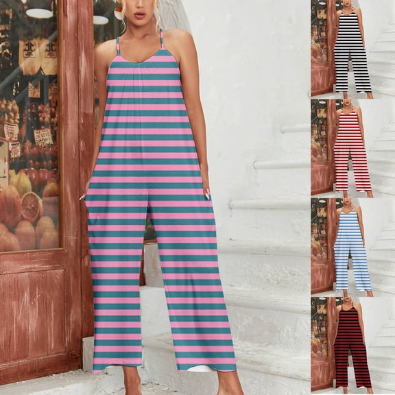 Sleeveless Romper Overalls with Pockets, Summer Casual Strap Jumpsuit, Comfortable Print Suspenders, Lounge Wear, Casual Daily Outfit, Birthday Gifts for Women | Sopatenor,Black L