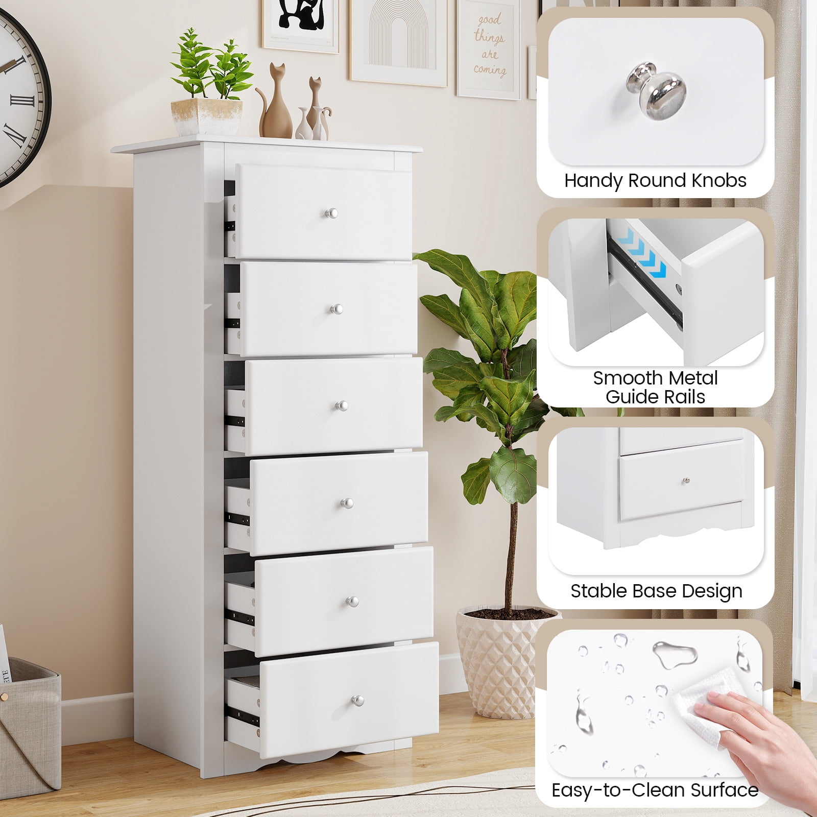 Giantex 6 Dresser Chest, Free Standing Wooden Storage Cabinet, Tall Dresser Clothes Organizer, White