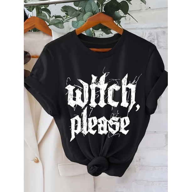 Halloween Witch Letter Print T-shirt, Short Sleeve Crew Neck Casual Top For Summer & Spring, Women's Clothing