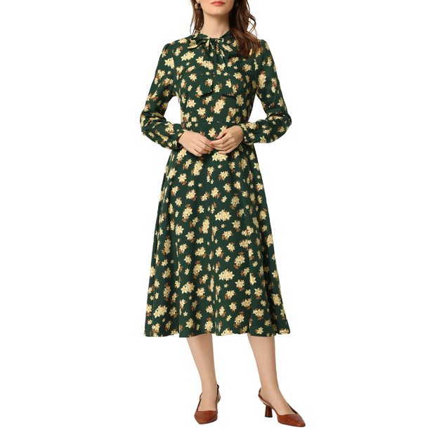 Vestido midi fluido informal con cinturón y manga larga con cuello de pajarita y estampado floral para mujer Verde oscuro-Floral XS