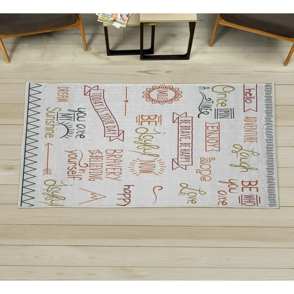 Adventure Decorative Rug, Various Words on Happiness and Self Value Uplifting Phrases Being Who You Are, Quality Carpet for Bedroom Dorm and Living Room, 6 Sizes, Fawn Maroon, by Ambesonne