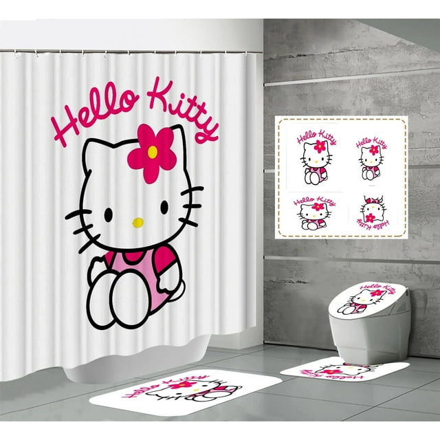 Rideau de Douche Kawaii Hello Kitty Ensemble de Quatre Pièces Sanrio Anime Kit Imprimé Rideau de Douche Tapis en Forme de U Imperméable Nouveau LS