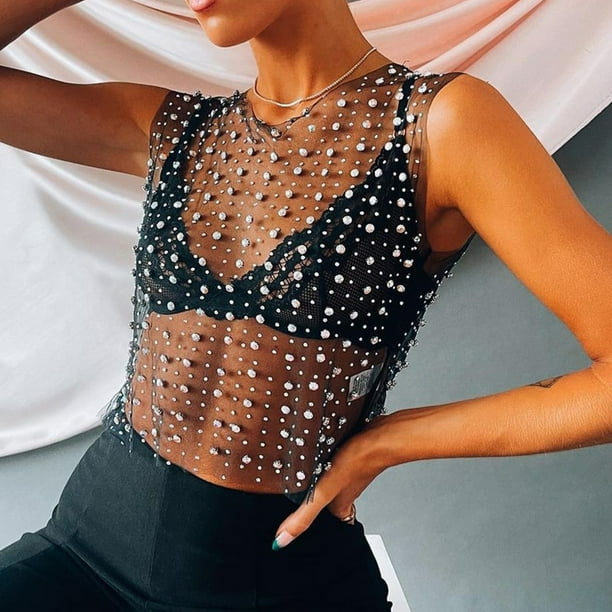 Top corto de malla con diamantes de imitacion Top corto para mujer Top sin mangas de malla transparente para mujer Top de malla transparente con brillo funcionalidad inteligente Walmart en linea