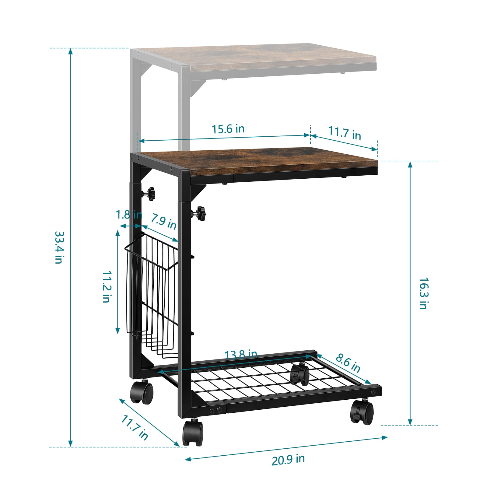 Height‑Adjustable C‑Shaped Side Table with Storage Basket, Rolling Sofa End Table, 2‑Pack