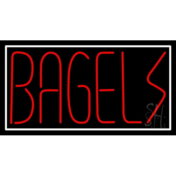 Bagels With White Border LED Neon Sign 20 x 37 - inches, Black Square Cut Acrylic Backing, with Dimmer - Bright and Premium built indoor LED Neon Sign for restaurant window and interior decor.