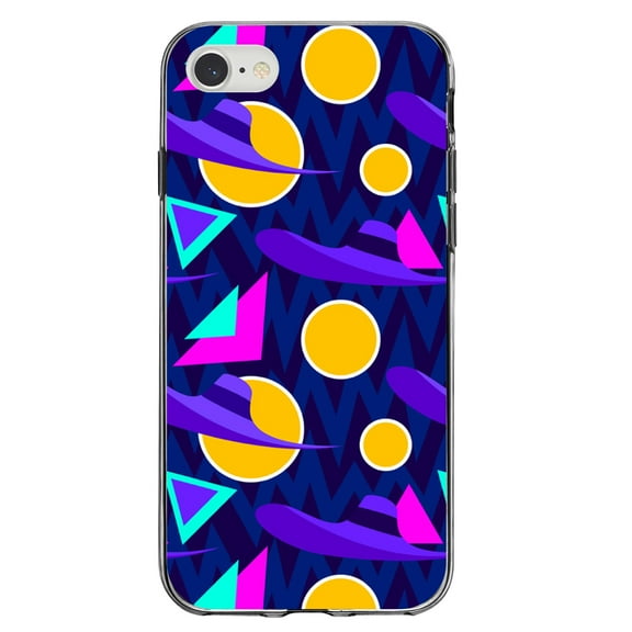 DistinctInk Clear Shockproof Hybrid Case for iPhone 7 8 SE (2020 Model) 4.7" Screen TPU Bumper Acrylic Back Tempered Glass Screen Protector - Pink Purple Yellow 90s Pattern - Relive the 90's