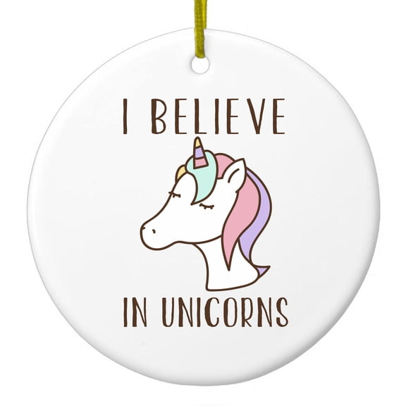 DistinctInk Hanging Ceramic Christmass Tree Ornament with Gold String - Great Gift / Present - 2 3/4 inch diameter - I Believe in Unicorns