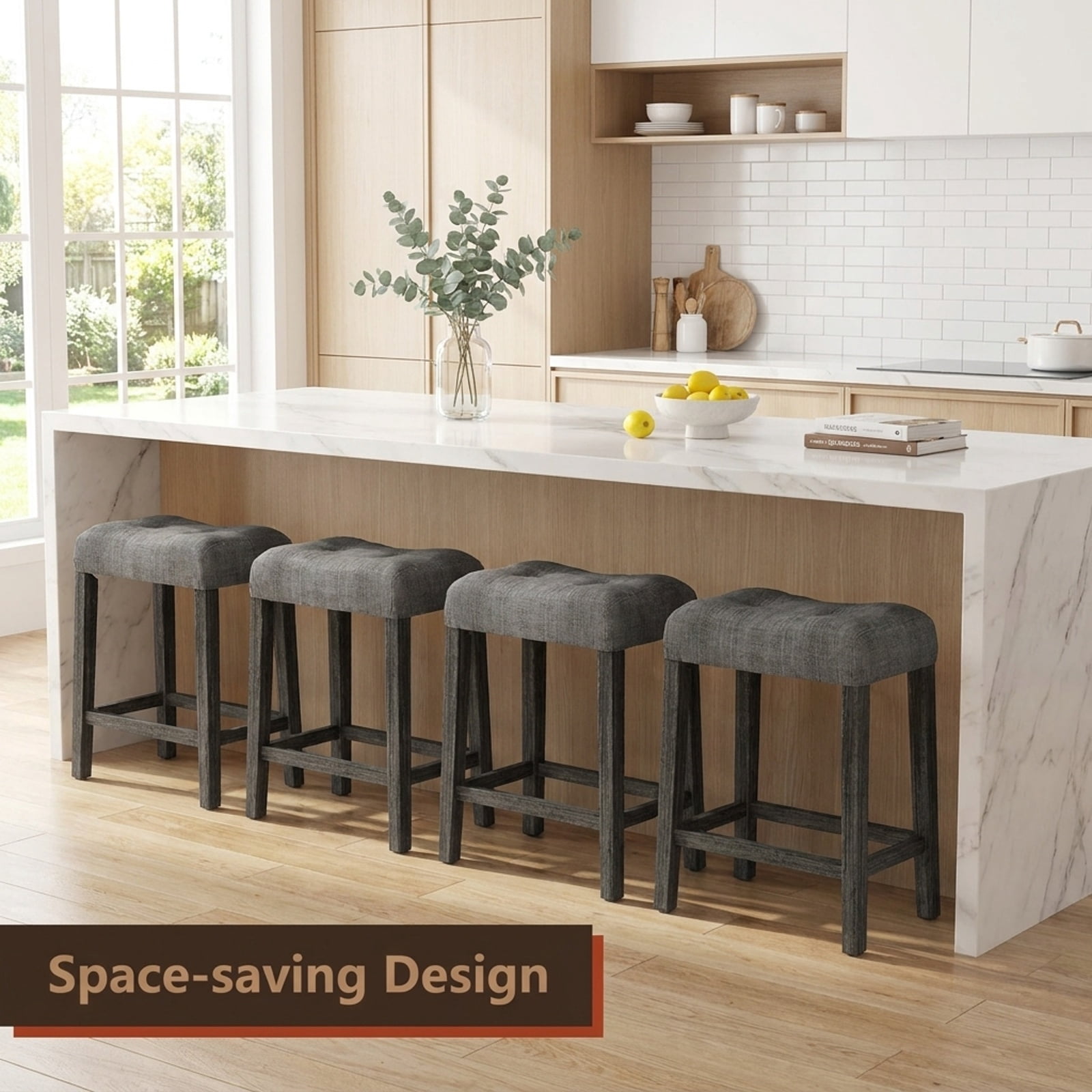 Furnibear 24 Inch Set of 2 Saddle Bar Stools with Padded Seat for Kitchen Island Counter Bar Pub Dining Home, Gray