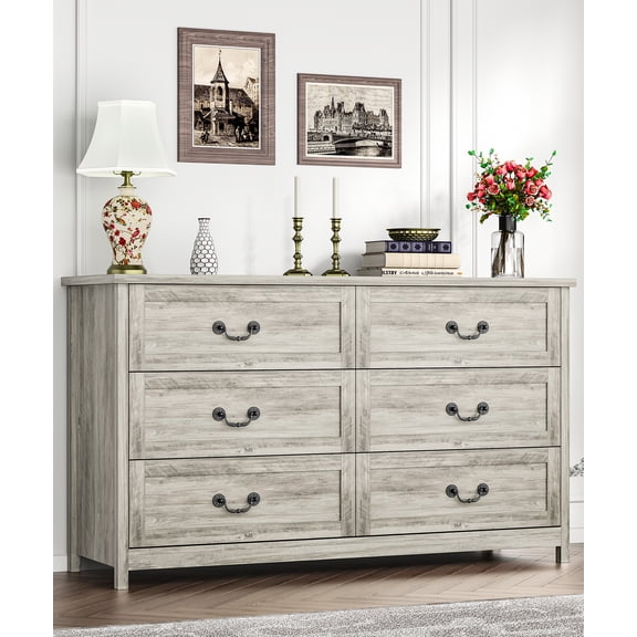 SUGIFT 6 Drawer Double Dresser, Wood Chest of Drawers for Bedroom, Gray Finish