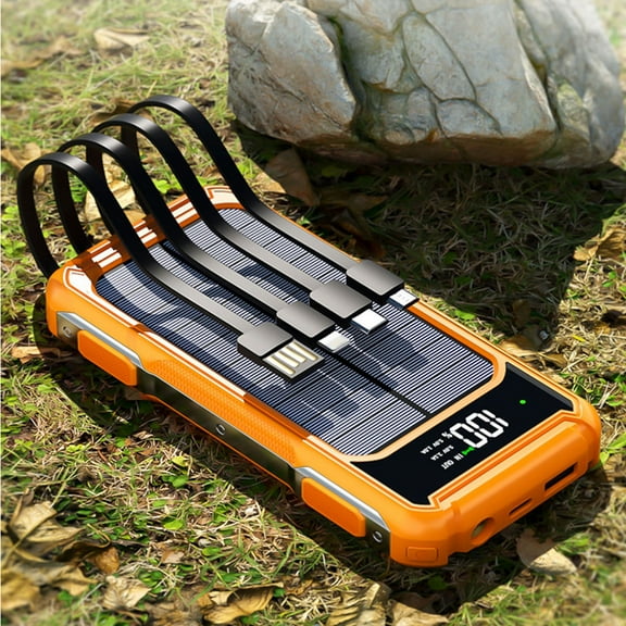 Aggxpf Solar Charger Phone Charger, 30000mAh Solar Power Bank, Portable Charger with 4 Cables & LED Flashlight for Camping Outdoors, Orange